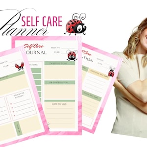 May include: A pink and white Self Care Planner with ladybug illustrations. The planner includes sections for goals, priorities, and journaling prompts. The words "Self Care Planner" are written in cursive.