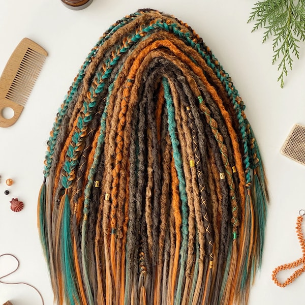 Сrocheted Textured Forest Elf Set Dreadlocks Set, earthy brown, vibrant ginger and deep emerald tones color, Synthetic Dreadlocks Extensions