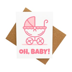 Nouvelle carte pour bébé avec poussette rose [Légende : OH, BABY !] - Livrée avec enveloppe