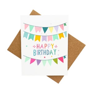 Carte d'anniversaire colorée - Jolie carte avec banderoles [Légende : Joyeux anniversaire] - Livrée avec enveloppe