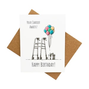 Carte d'anniversaire idiote et amusante - Marcheur avec des ballons et un cadeau [Légende : Le char de la tournée vous attend ! Joyeux anniversaire] - Livré avec une enveloppe