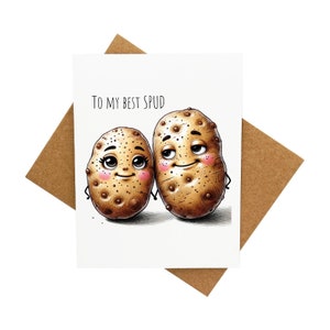 Carte de voeux drôle de personnage avec des pommes de terre - Pommes de terre avec des yeux et des bras - Anniversaire ou juste parce que [Légende : À mon meilleur] - Livré avec enveloppe