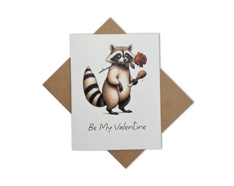 Cute Raccoon With Chicken and a Rose  Valentine’s Day Greeting Card [Caption: Be My Valentine] - Comes With Envelope