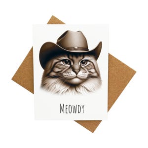 Carte de voeux Chat dans un chapeau de cow-boy [Légende : miaou] - Livrée avec enveloppe