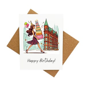 Carte d'anniversaire de Toronto - Fille marchant avec un gros gâteau devant le Flatiron Building [Légende : Joyeux anniversaire !] - Livrée avec enveloppe
