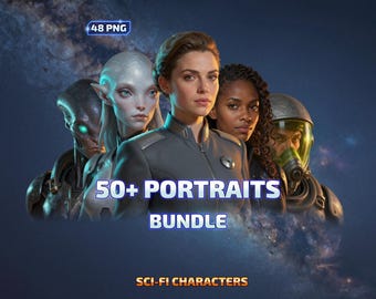 May include: A digital collection of 48 PNG sci-fi character portraits featuring a diverse group of humans, aliens, and astronauts in space-themed uniforms. The text 48 PNG, 50+ PORTRAITS BUNDLE, and SCI-FI CHARACTERS is displayed over the imagery.