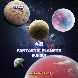 Puede incluir: Un gráfico digital que muestra varios planetas esféricos en el espacio profundo, incluyendo un planeta marrón texturizado, un planeta brillante rosa y azul, y un gran planeta rojo. El texto dice 48 PNG, 48 FANTASTIC PLANETS BUNDLE y ALIEN WORLDS.