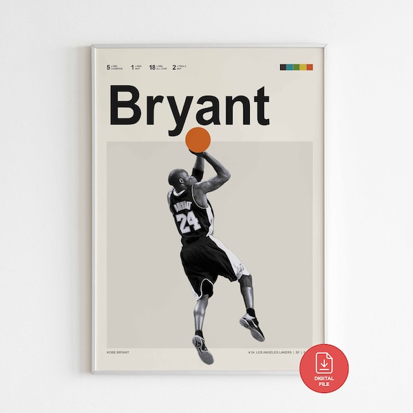 Kobe Bryant | Poster digital, arte impresión digital baloncesto NBA, Los Angeles Lakers, 24, arte de pared