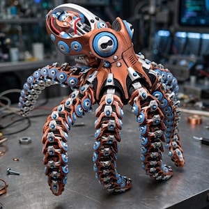 May include: A mechanical octopus figurine featuring a copper-colored body with intricate silver and bright blue circular accents along its eight articulated tentacles. The head displays exposed internal components with red wiring and a white dome.