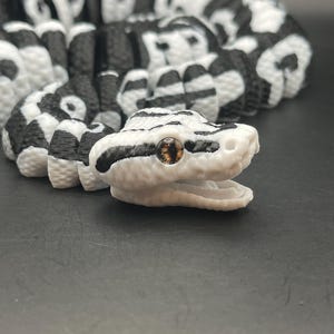 May include: A detailed, 3D-printed snake figurine in black and white. The snake's body is coiled, with a pattern of black spots on a white background. The head is white with black stripes and a realistic, brown eye.