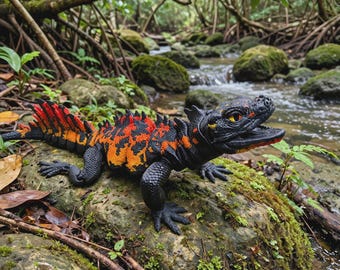 3D Printed Sailfin Dragon Articulated Lava Lizard Black Orange Water Dragon Fidget Dragon Toy Reptile Desk Figurine