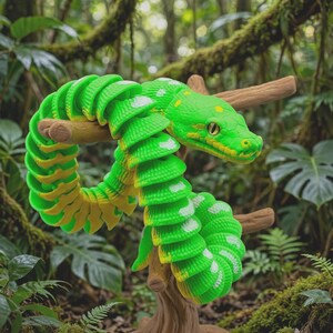 May include: A segmented toy snake featuring a vibrant green and yellow color scheme with white spots along its back. The articulated body is coiled around a brown branch, showcasing a detailed head with prominent eyes and a textured scale pattern.