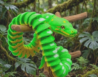May include: A segmented toy snake featuring a vibrant green and yellow color scheme with white spots along its back. The articulated body is coiled around a brown branch, showcasing a detailed head with prominent eyes and a textured scale pattern.