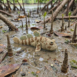 May include: A sculpted mudskipper figurine featuring a tan body with brown mottled spots and light green accents on the dorsal fins. The creature is positioned on a muddy surface surrounded by vertical mangrove roots and scattered leaves.