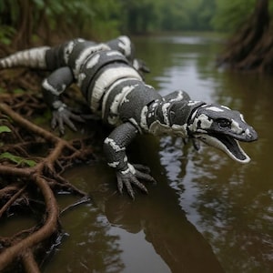 May include: An articulated lizard figurine featuring a textured black body with irregular white markings. The creature has a segmented torso, four clawed limbs, and an open mouth, positioned with its front feet touching the water's edge.