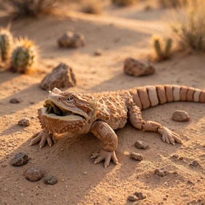 May include: A tan and light brown articulated lizard figurine with a textured, spiky head and an open mouth, featuring segmented body parts and a long tail, positioned on a sandy surface with small rocks and desert vegetation in the background.