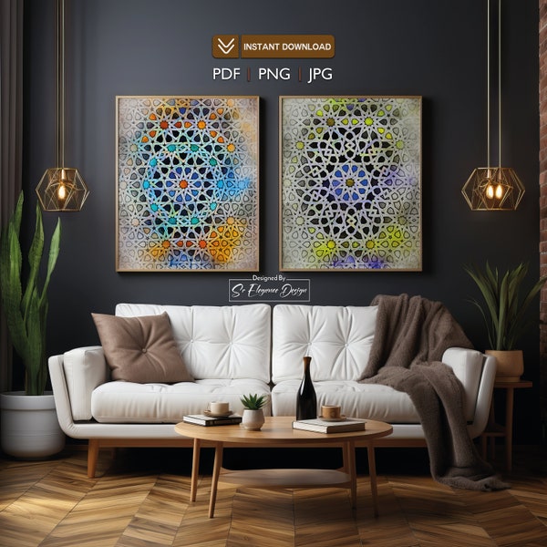 Moroccan mosaic zellige art, Moroccan wall art, boho digital art, arabic pint art