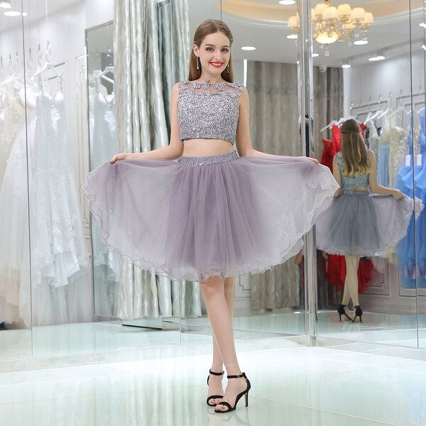Lovely Grey Tulle Two Piece Homecoming Dress, Short Prom Dress main image 1