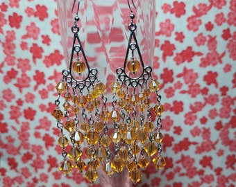 Large Orange Brown Chandelier Style Earrings