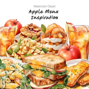 Puede incluir: Ilustración de acuarela de ideas de comida y bebida con tema de manzana. La imagen incluye un sándwich con rodajas de manzana, una ensalada con manzanas y nueces, un parfait con manzanas y crema batida, un plato de pasta con manzanas, un plato de pescado frito y dos vasos de té helado. El texto "Apple Menu Inspiration" está en la parte superior de la imagen.