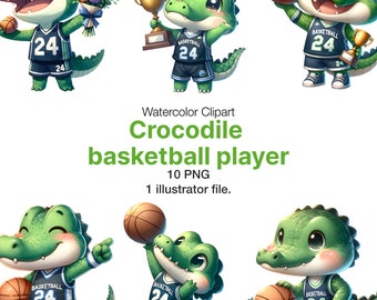 Watercolor Crocodile Basketball Player Clipart: Commercial Use (Instant Download)