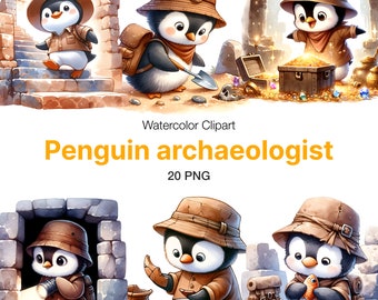 Penguin archaeologist watercolor clipart, Penguin archaeologist decor, Penguin wall art, archaeologist, treasures cute Penguin animals png