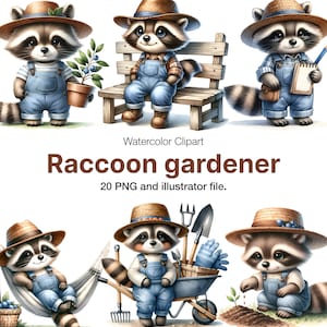 20 Aquarelle Raccoon Gardener Clipart, Raccoon Gardener Illustrations, Téléchargement instantané pour un usage commercial