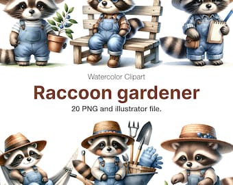 Watercolor Raccoon Gardener Clipart: 20 PNG Illustrations (Commercial Use)