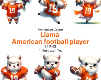 Watercolor Llama Football Player Clipart: 14 PNG Illustrations (Commercial Use)
