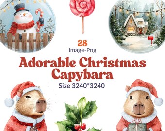 Watercolor Christmas Capybara Clipart Bundle: 28 PNG Images (Commercial Use OK)