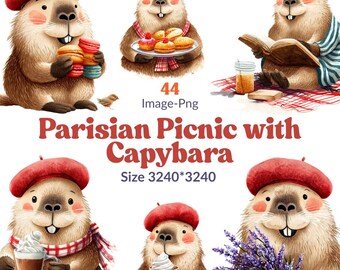 44 Parisian Picnic Capybara Clipart – Cute Watercolor Capybara PNG Bundle – French Picnic Animals for Crafts, Stickers