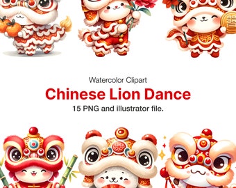 Watercolor Chinese Lion Dance Clipart: Commercial Use (Instant Download)