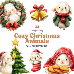 34 PNG Cozy Christmas Animals Clipart – Cute Watercolor Holiday Animal PNG Bundle – Winter Santa Animals for Crafts, Cards, Sublimation