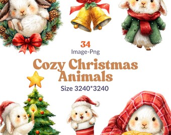 Watercolor Christmas Animals Clipart: 34 PNG Holiday Animal Bundle (Digital Download)