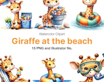 15 Watercolor Giraffe at the beach Clipart, Giraffe at the beach Illustrations, Instant Download For Commercial Use