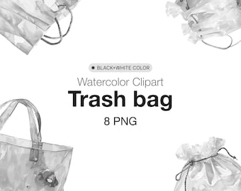 Watercolor Trash Bag Clipart: Black and White PNG (Digital Download)