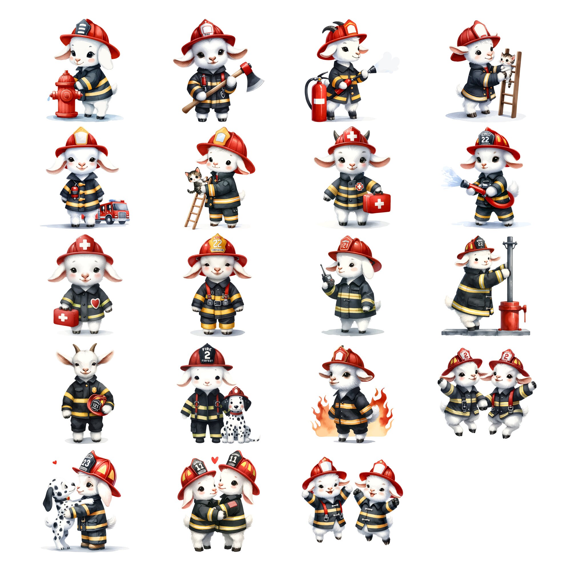 Watercolor Goat Firefighter Clipart: 18 PNG Illustrations (commercial ...