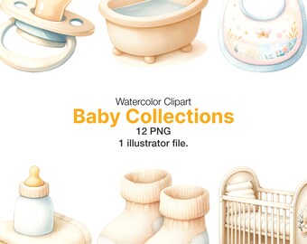 Watercolor Baby Clipart Collection: 12 PNG Illustrations (Commercial Use)