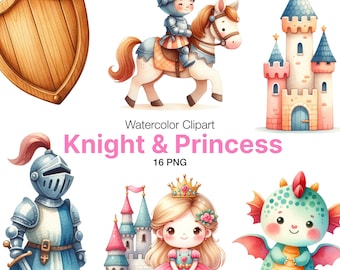 Knight and Princess Watercolor Clipart Bundle (PNG)