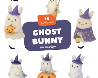 Watercolor Ghost Bunny Clipart Bundle: Halloween PNG (Commercial Use)