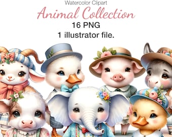 Watercolor Animal Clipart: 16 PNG Illustrations (Commercial Use)