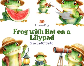 29 Cute Green Frog Clipart – Frog with Hat on Lilypad PNG Bundle – Watercolor Kawaii Frog Illustrations for Crafts, Stickers
