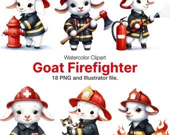 Watercolor Goat Firefighter Clipart: 18 PNG Illustrations (Commercial Use)