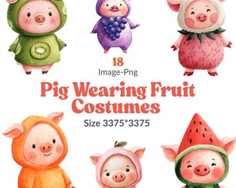18 PNG Pig Wearing Fruit Costume Clipart – Cute Kawaii Pig Clipart Bundle for Kids, Stickers, Sublimation