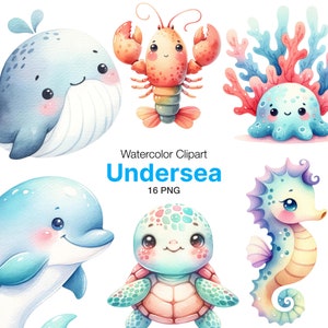 Unterwasser Aquarell Clipart, Kinderzimmer Dekor, Baby Wand Kunst, Krake, Qualle, Wal, niedliche Meerestiere png, Babyparty