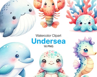 Undersea watercolor clipart, nursery decor, baby wall art, octopus, jellyfish, whale, cute ocean animals png, baby shower