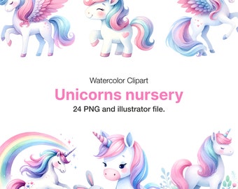24 Watercolor Unicorns Nursery Clipart, Unicorn Nursery Illustrations, Instant Download For Commercial Use