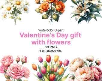Watercolor Flowers Valentine Clipart: Commercial Use (Digital Download)
