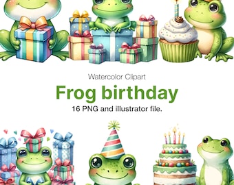 Watercolor Birthday Frog Clipart: 16 PNG Illustrations (Commercial Use)