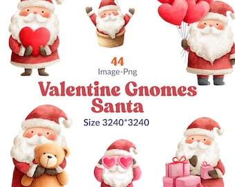 44 Valentine Gnomes Clipart – Cute Santa Gnome PNG Bundle – Watercolor Valentine’s Day Gnome Illustrations for Crafts, Cards